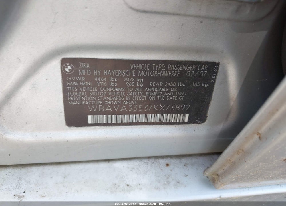 2007 BMW 328I VIN: WBAVA33537KX73892