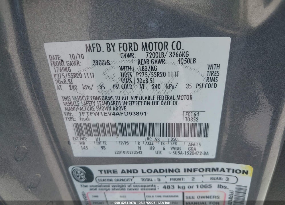2010 FORD F-150 VIN: 1FTFW1EV4AFD93891