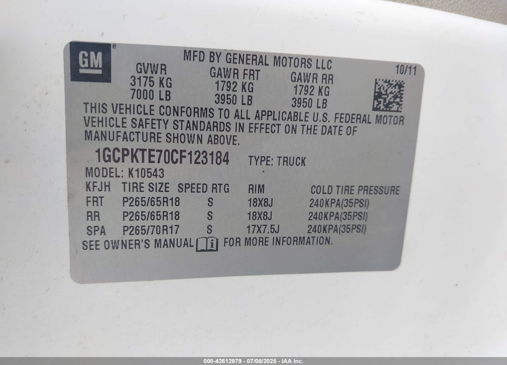 2012 CHEVROLET SILVERADO 1500 LTZ VIN: 1GCPKTE70CF123184