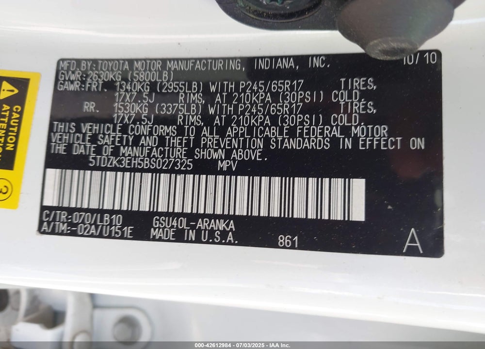 2011 TOYOTA HIGHLANDER VIN: 5TDZK3EH5BS027325