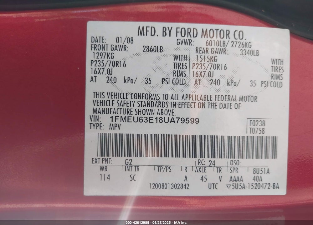 2008 FORD EXPLORER VIN: 1FMEU63E18UA79599