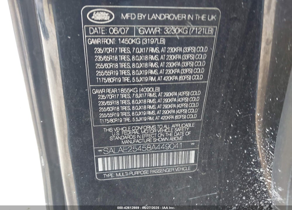 2008 LAND ROVER LR3 VIN: SALAE25458A449041