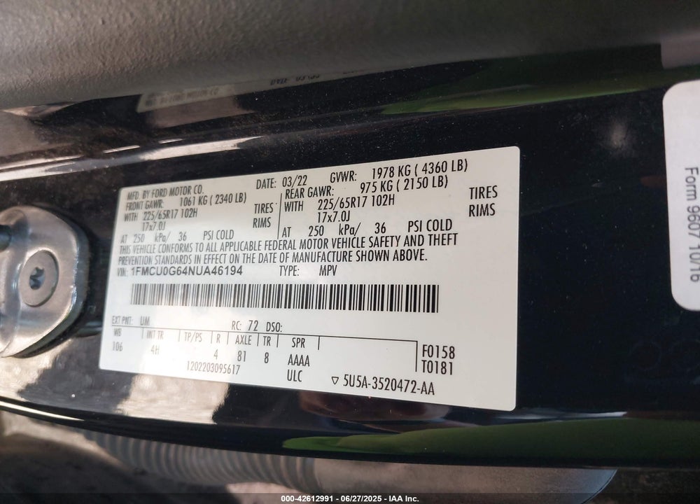2022 FORD ESCAPE SE VIN: 1FMCU0G64NUA46194