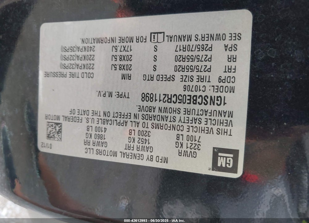 2012 CHEVROLET TAHOE VIN: 1GNSCBE05CR211898