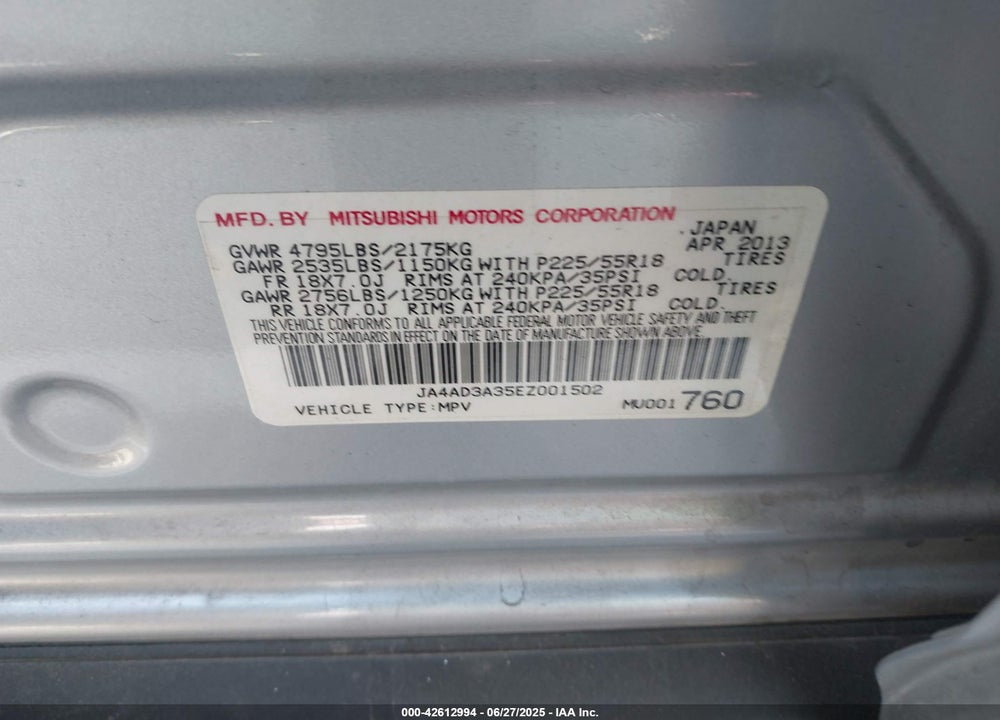 2014 MITSUBISHI OUTLANDER VIN: JA4AD3A35EZ001502