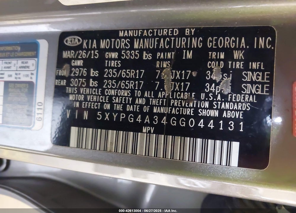 2016 KIA SORENTO VIN: 5XYPG4A34GG044131