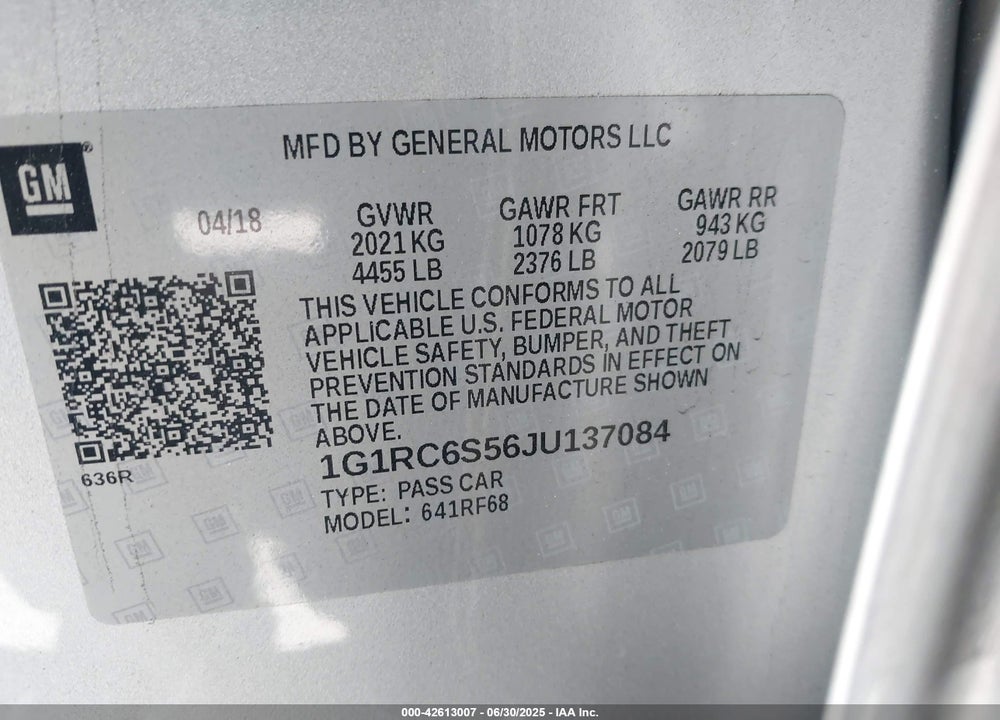 2018 CHEVROLET VOLT VIN: 1G1RC6S56JU137084