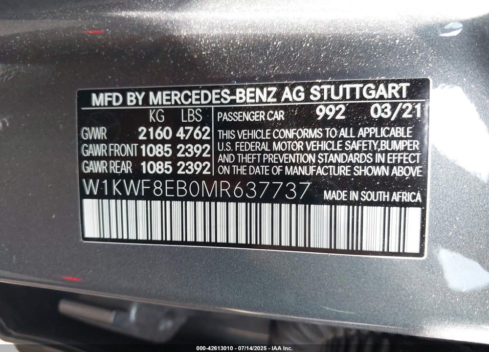 2021 MERCEDES-BENZ C CLASS VIN: W1KWF8EB0MR637737