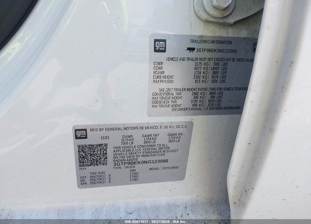 2022 GMC SIERRA 1500 LIMITED VIN: 3GTP9BEK0NG123066