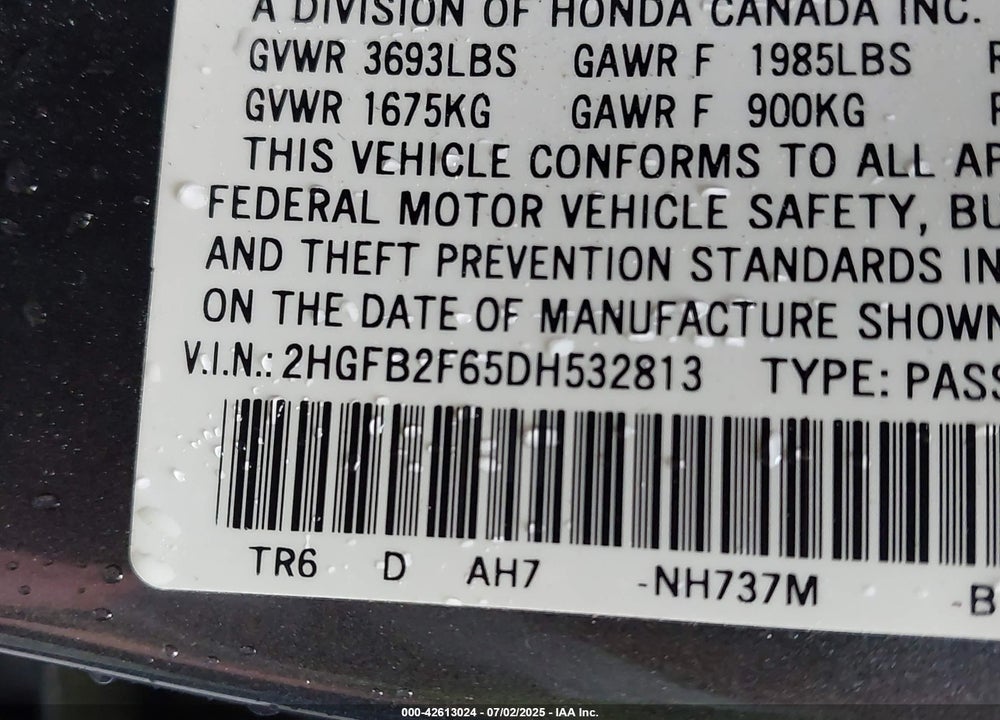 2013 HONDA CIVIC VIN: 2HGFB2F65DH532813