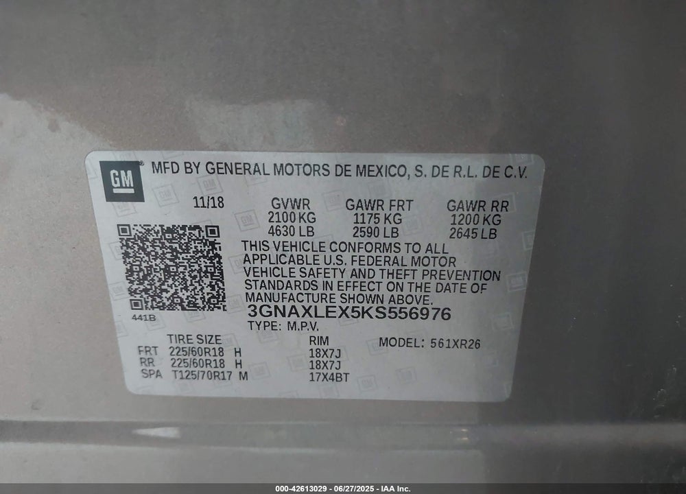 2019 CHEVROLET EQUINOX VIN: 3GNAXLEX5KS556976