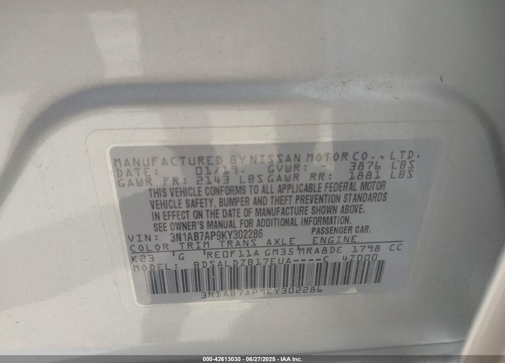 2019 NISSAN SENTRA VIN: 3N1AB7AP9KY302286