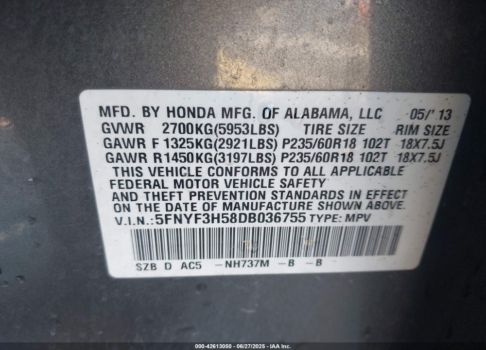 2013 HONDA PILOT VIN: 5FNYF3H58DB036755