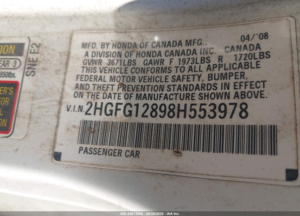 2008 HONDA CIVIC VIN: 2HGFG12898H553978
