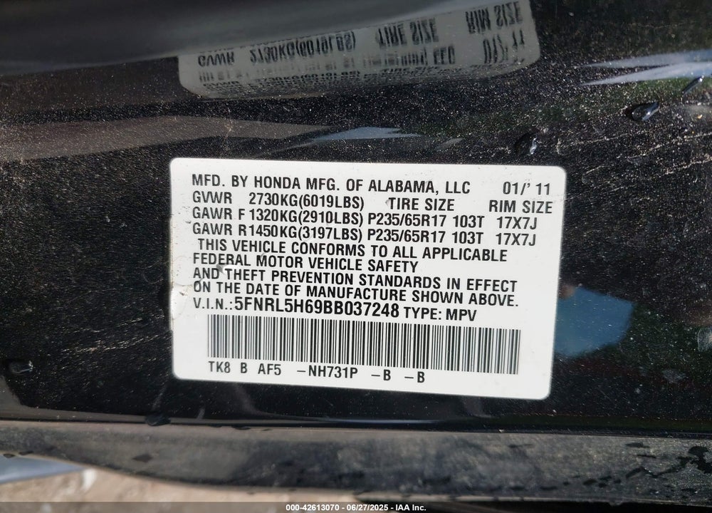 2011 HONDA ODYSSEY EX-L VIN: 5FNRL5H69BB037248