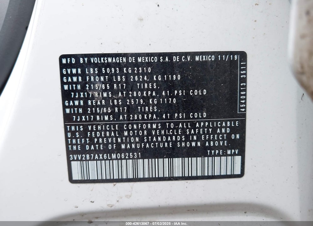 2020 VOLKSWAGEN TIGUAN VIN: 3VV2B7AX6LM062531