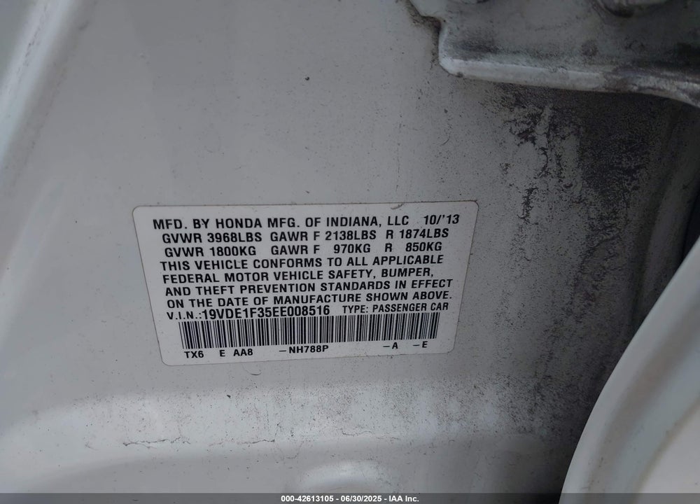 2014 ACURA ILX 2.0L VIN: 19VDE1F35EE008516