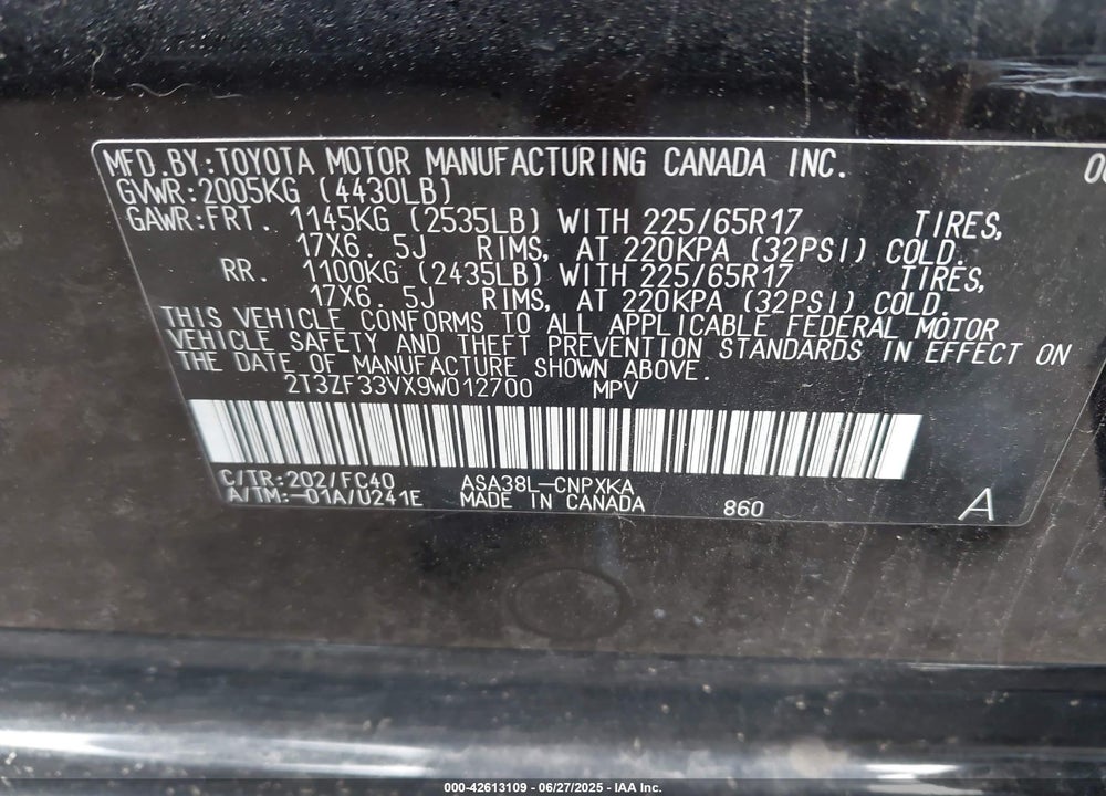 2009 TOYOTA RAV4 VIN: 2T3ZF33VX9W012700