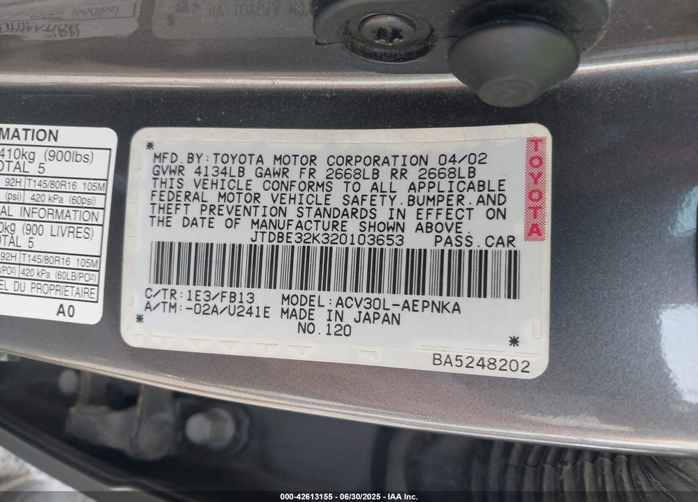 2002 TOYOTA CAMRY VIN: JTDBE32K320103653