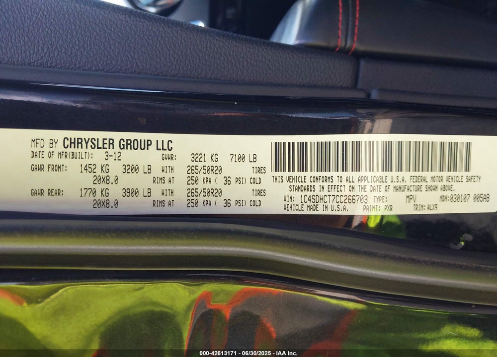 2012 DODGE DURANGO VIN: 1C4SDHCT7CC266703
