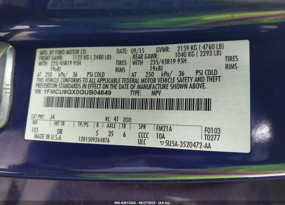 2016 FORD ESCAPE SE VIN: 1FMCU9GX0GUB04849