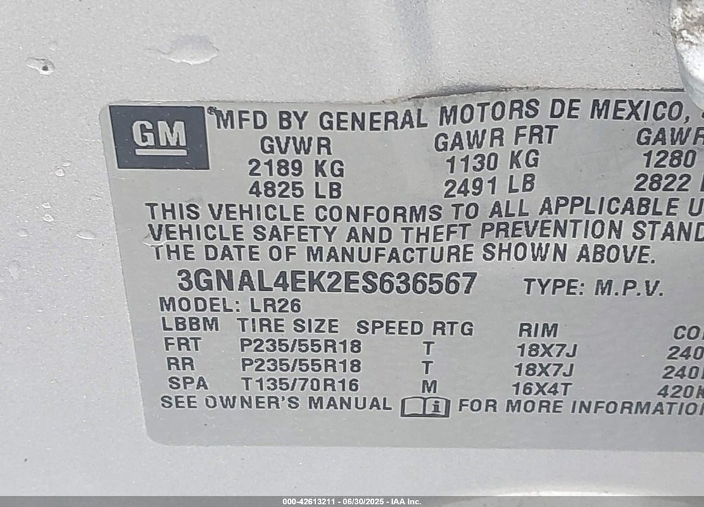 2014 CHEVROLET CAPTIVA SPORT LTZ VIN: 3GNAL4EK2ES636567