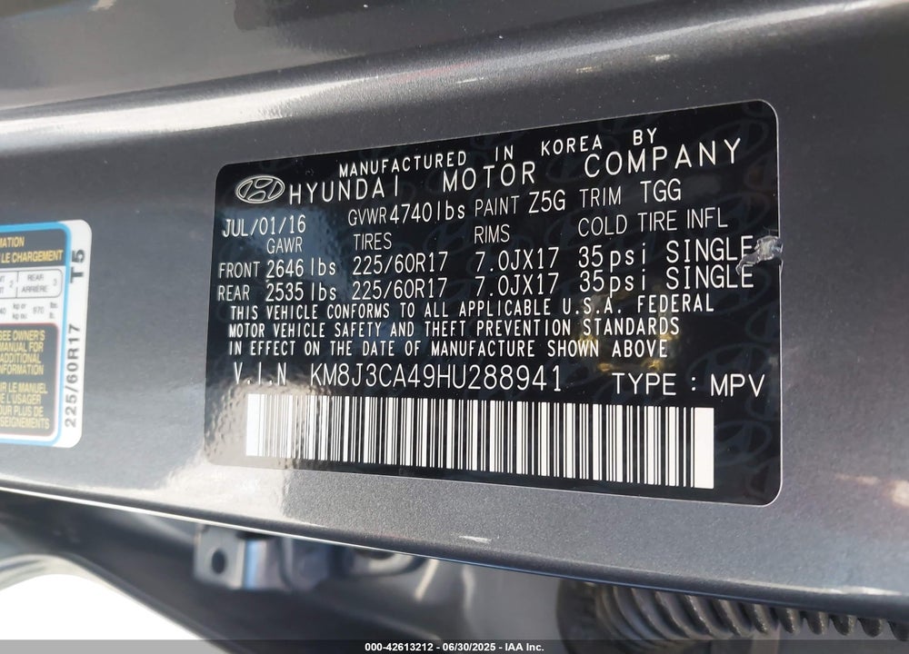 2017 HYUNDAI TUCSON VIN: KM8J3CA49HU288941