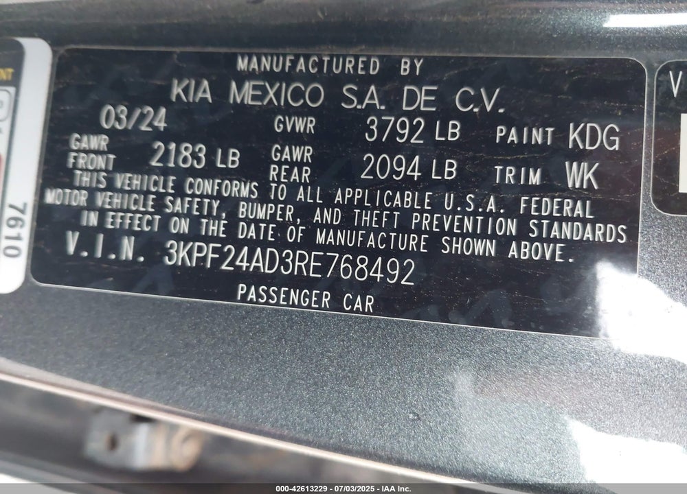 2024 KIA FORTE VIN: 3KPF24AD3RE768492