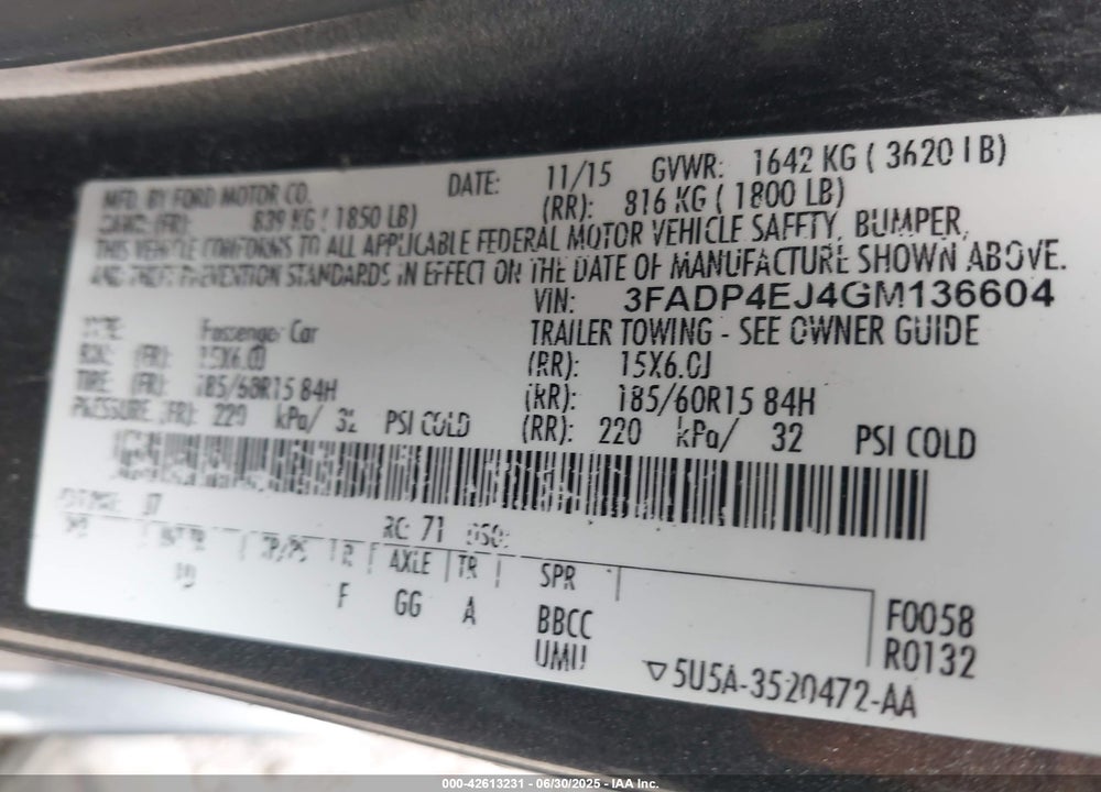 2016 FORD FIESTA VIN: 3FADP4EJ4GM136604