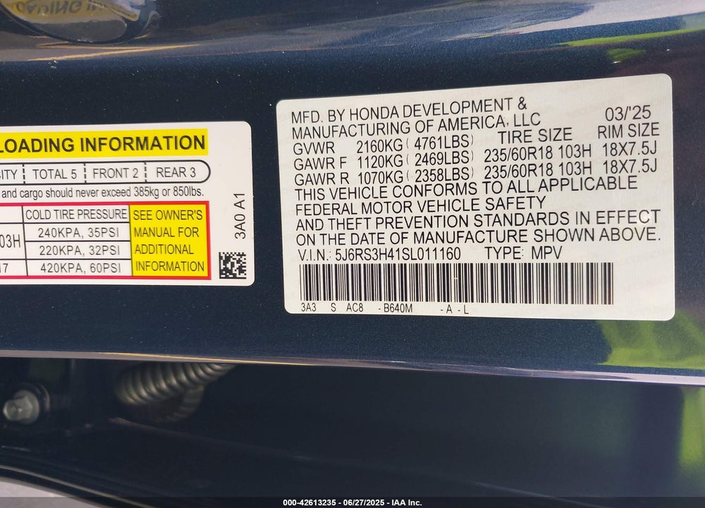 2025 HONDA CR-V VIN: 5J6RS3H41SL011160