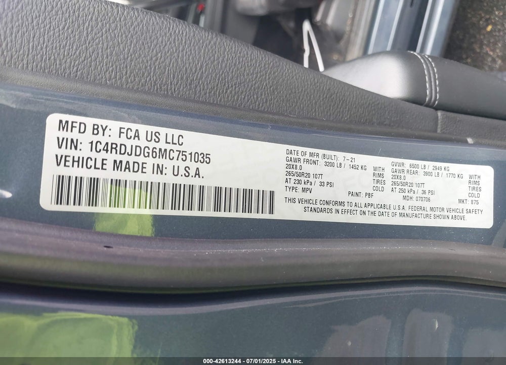 2021 DODGE DURANGO VIN: 1C4RDJDG6MC751035