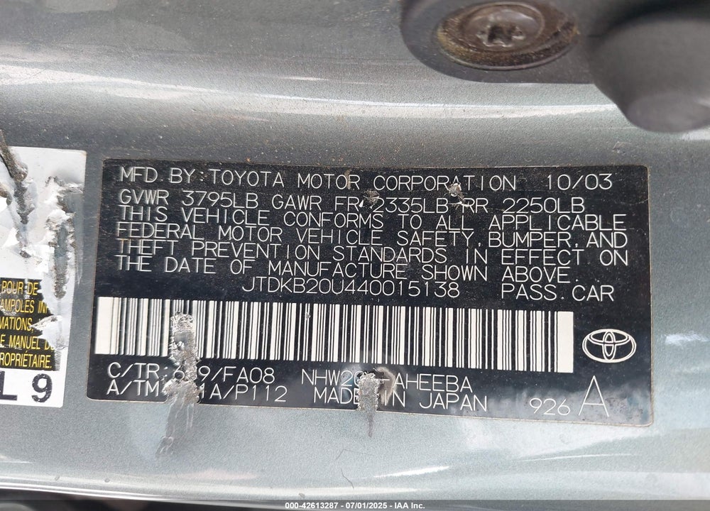 2004 TOYOTA PRIUS VIN: JTDKB20U440015138