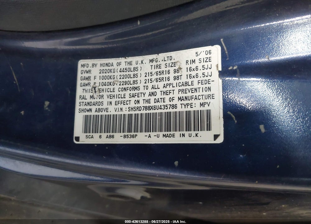 2006 HONDA CR-V EX VIN: SHSRD788X6U435786