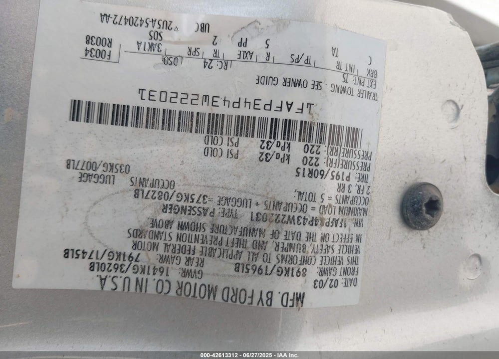 2003 FORD FOCUS SE VIN: 1FAFP34P43W222031