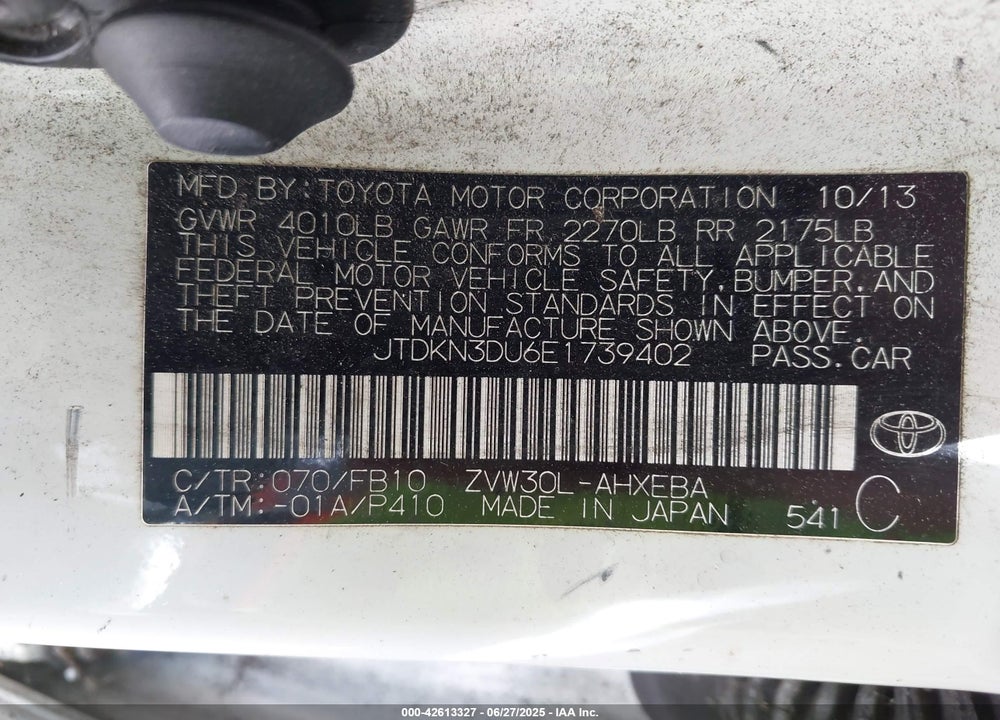 2014 TOYOTA PRIUS VIN: JTDKN3DU6E1739402