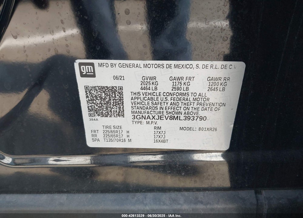 2021 CHEVROLET EQUINOX VIN: 3GNAXJEV8ML393790