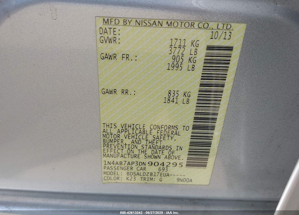 2013 NISSAN SENTRA VIN: 1N4AB7AP3DN904295