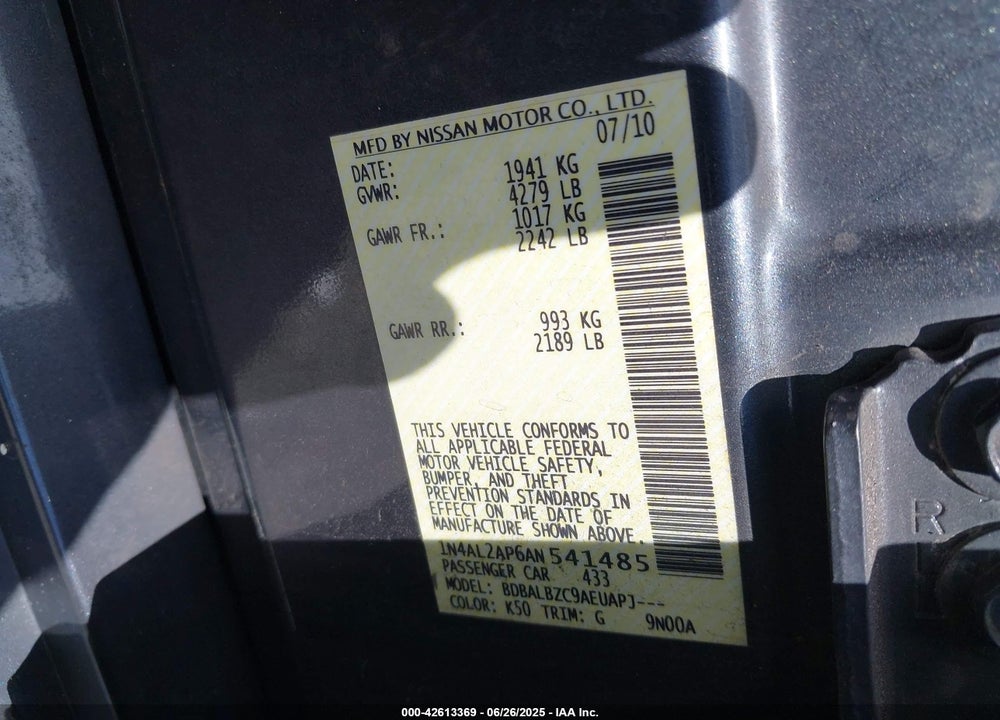 2010 NISSAN ALTIMA 2.5 S VIN: 1N4AL2AP6AN541485
