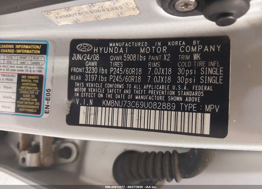 2009 HYUNDAI VERACRUZ GLS/SE/LIMITED VIN: KM8NU73C69U082889