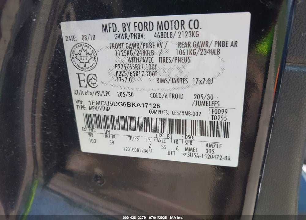 2011 FORD ESCAPE XLT AUTOMATIC VIN: 1FMCU9DG6BKA17126