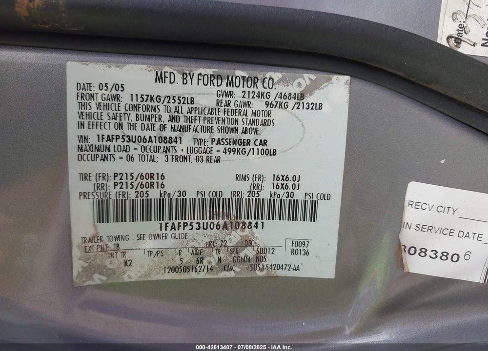 2006 FORD TAURUS VIN: 1FAFP53U06A108841