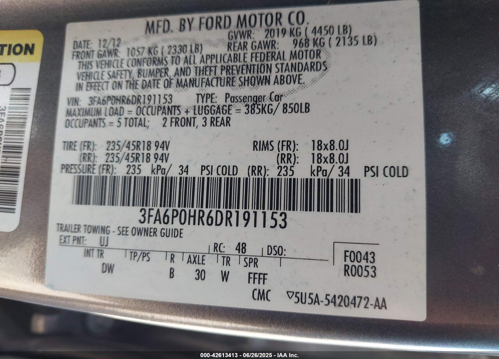 2013 FORD FUSION VIN: 3FA6P0HR6DR191153