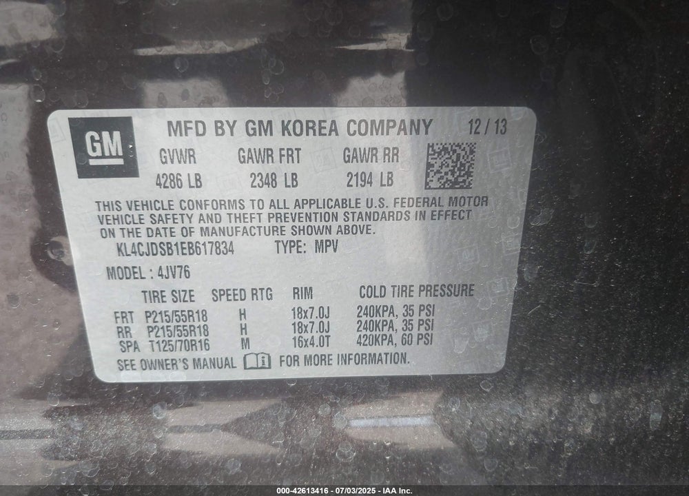 2014 BUICK ENCORE VIN: KL4CJDSB1EB617834