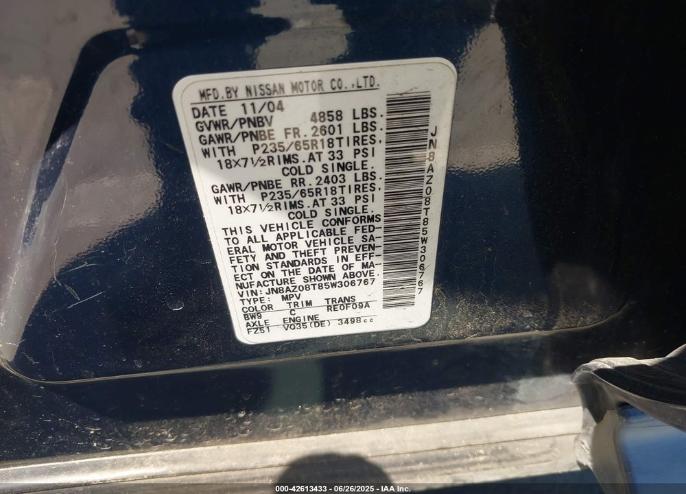 2005 NISSAN MURANO SL VIN: JN8AZ08T85W306767