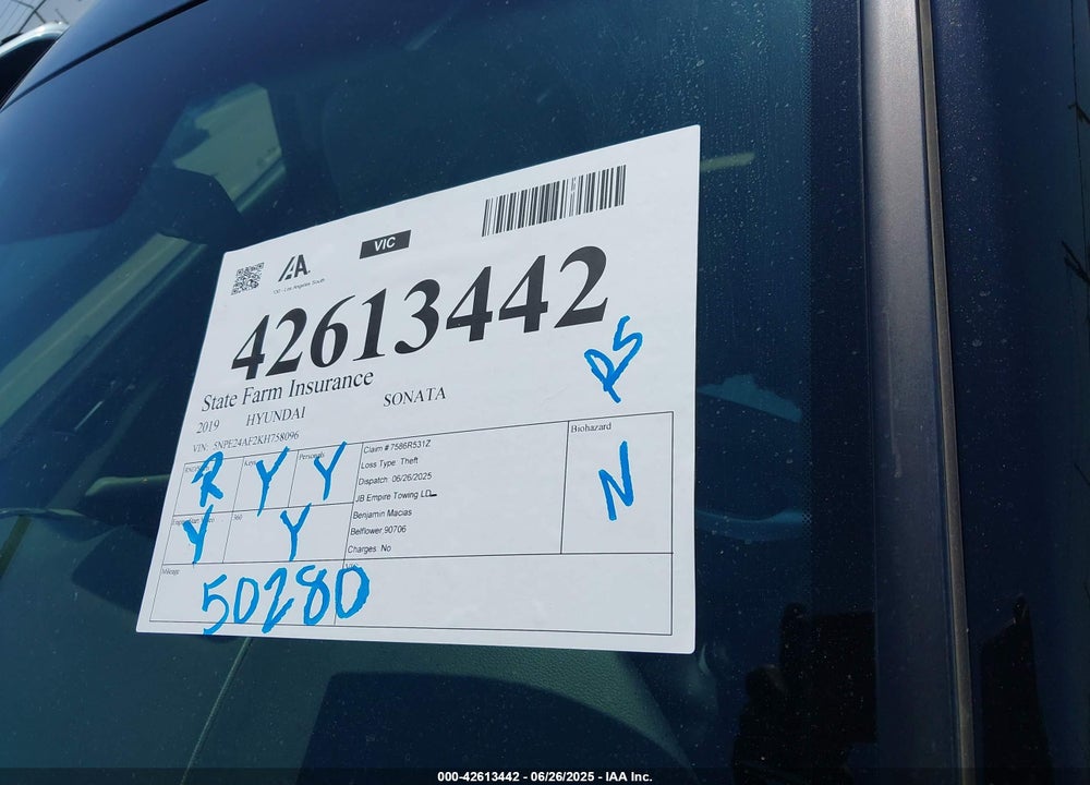 2019 HYUNDAI SONATA VIN: 5NPE24AF2KH758096
