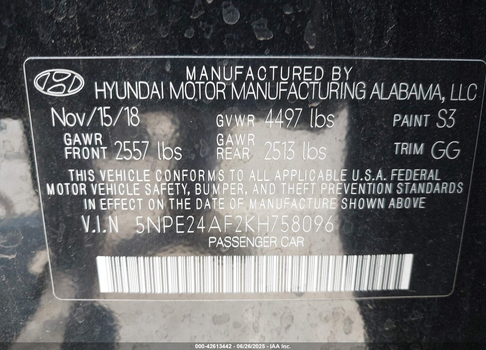 2019 HYUNDAI SONATA VIN: 5NPE24AF2KH758096