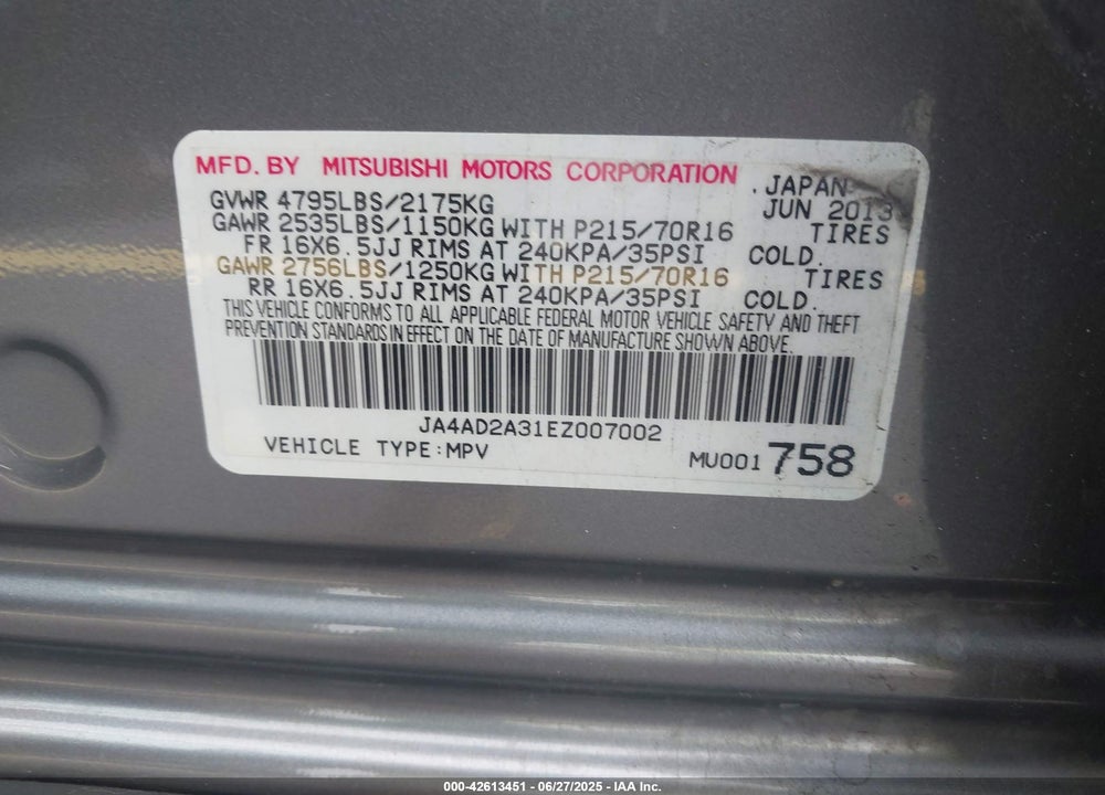2014 MITSUBISHI OUTLANDER VIN: JA4AD2A31EZ007002