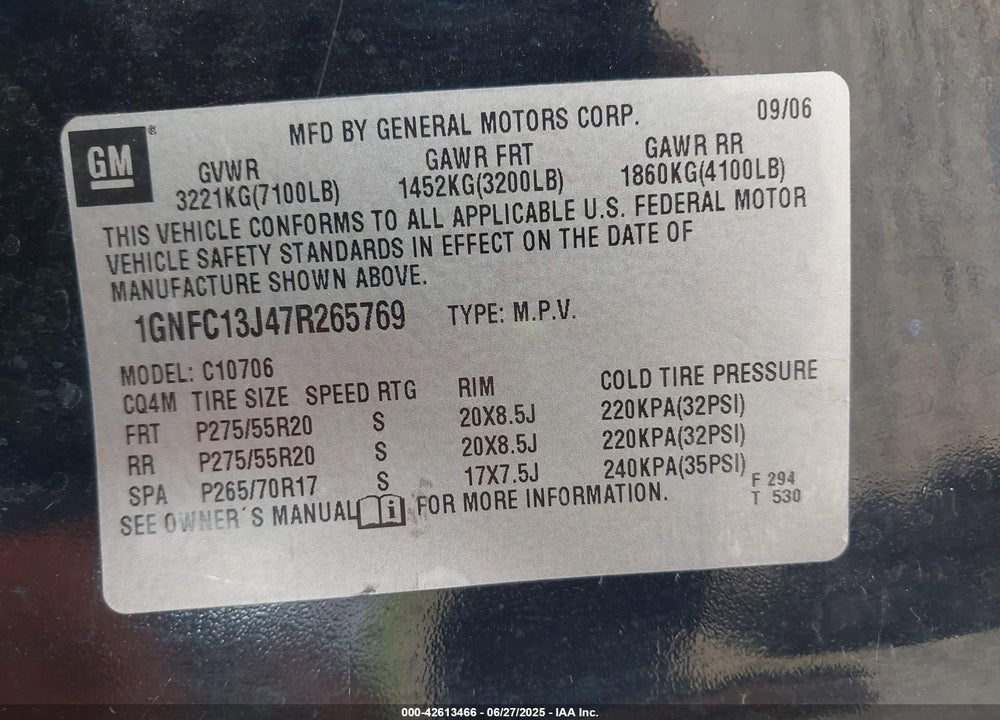 2007 CHEVROLET TAHOE LT VIN: 1GNFC13J47R265769