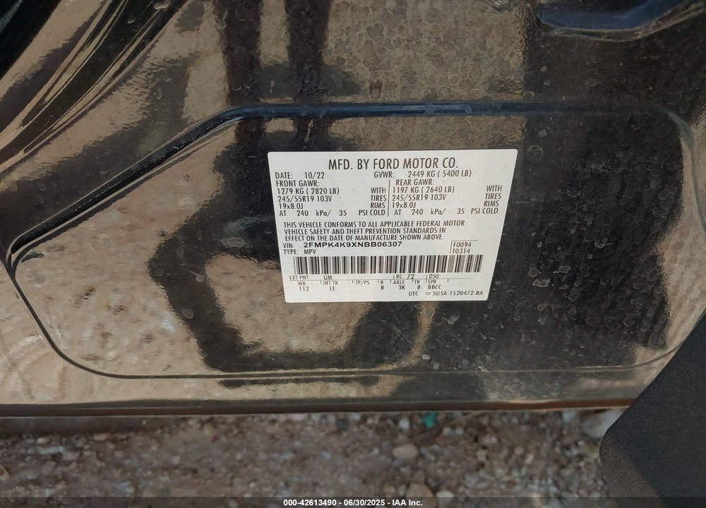 2022 FORD EDGE VIN: 2FMPK4K9XNBB06307