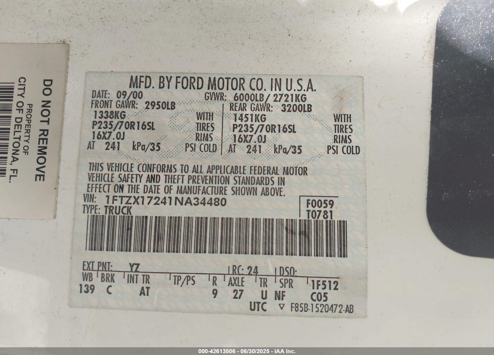 2001 FORD F-150 VIN: 1FTZX17241NA34480
